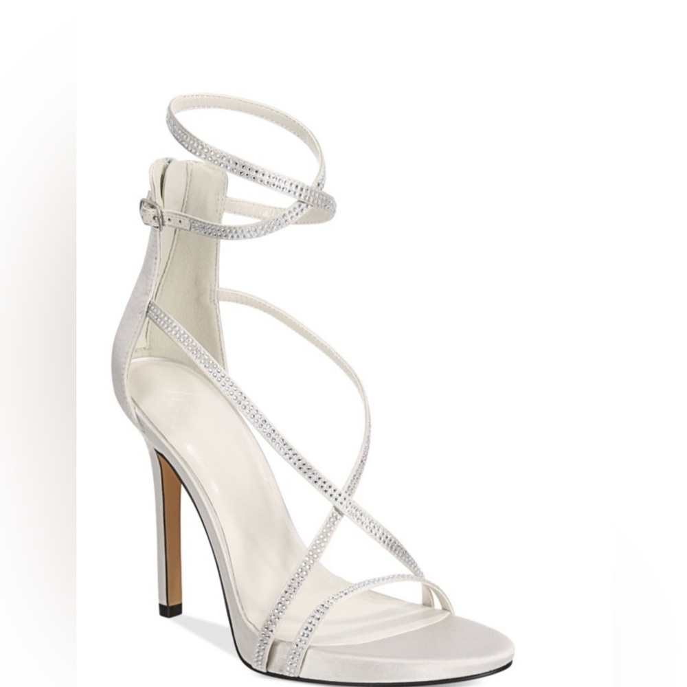 AJ By Aminah White Satin Rhinestone Stiletto
Heels Ankle Strap Sandals 10M